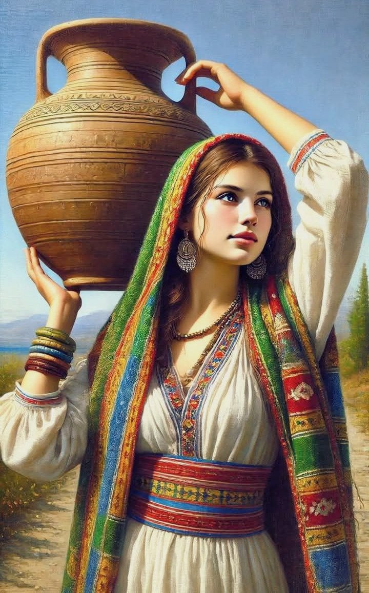 Classical painting of a young woman in traditional Middle Eastern dress carrying a clay water jar, evoking the warmth and hospitality of Yemeni culture.